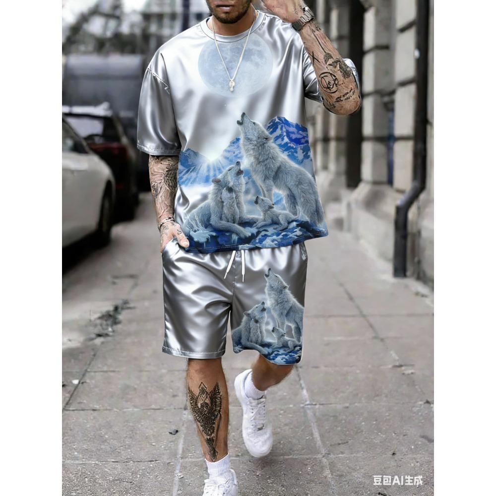 Мужской комплект: футболка с коротким рукавом и шорты с принтом «Звездное небо и стая волков»