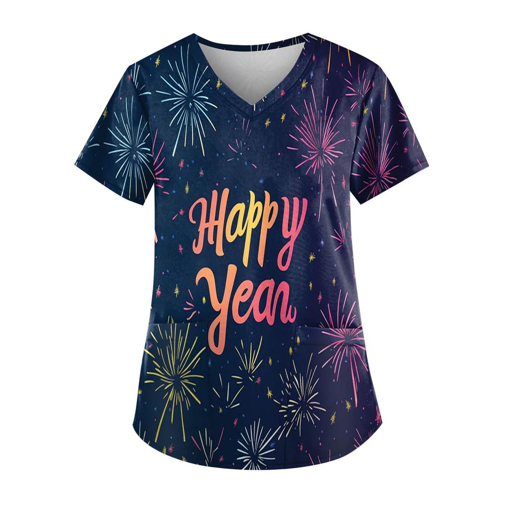 Women's Fashion New Year Printed Short Sleeve V-Neck Top Small Pocket Work T-Shirt