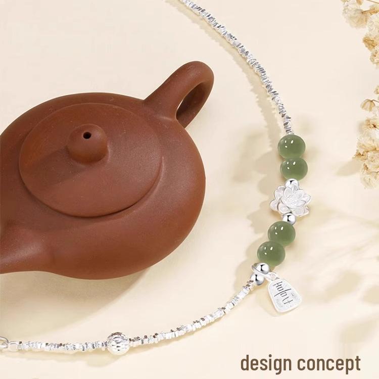 Браслет из стерлингового серебра S925 с лотосом и нефритом Хэтянь - Удача и роскошь, нишевый дизайн 2026