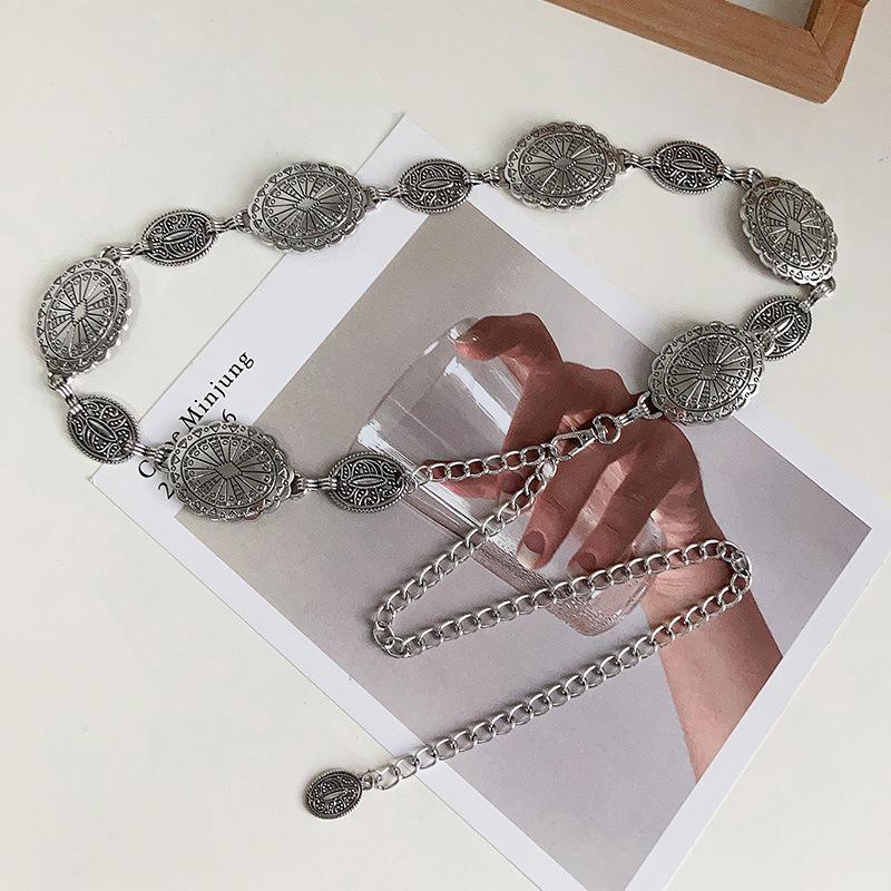 Винтажный стиль женская металлическая круглая цепочка на талию женская резная декоративная серебряная металлическая цепочка с поясом для юбкидля женщин AB001