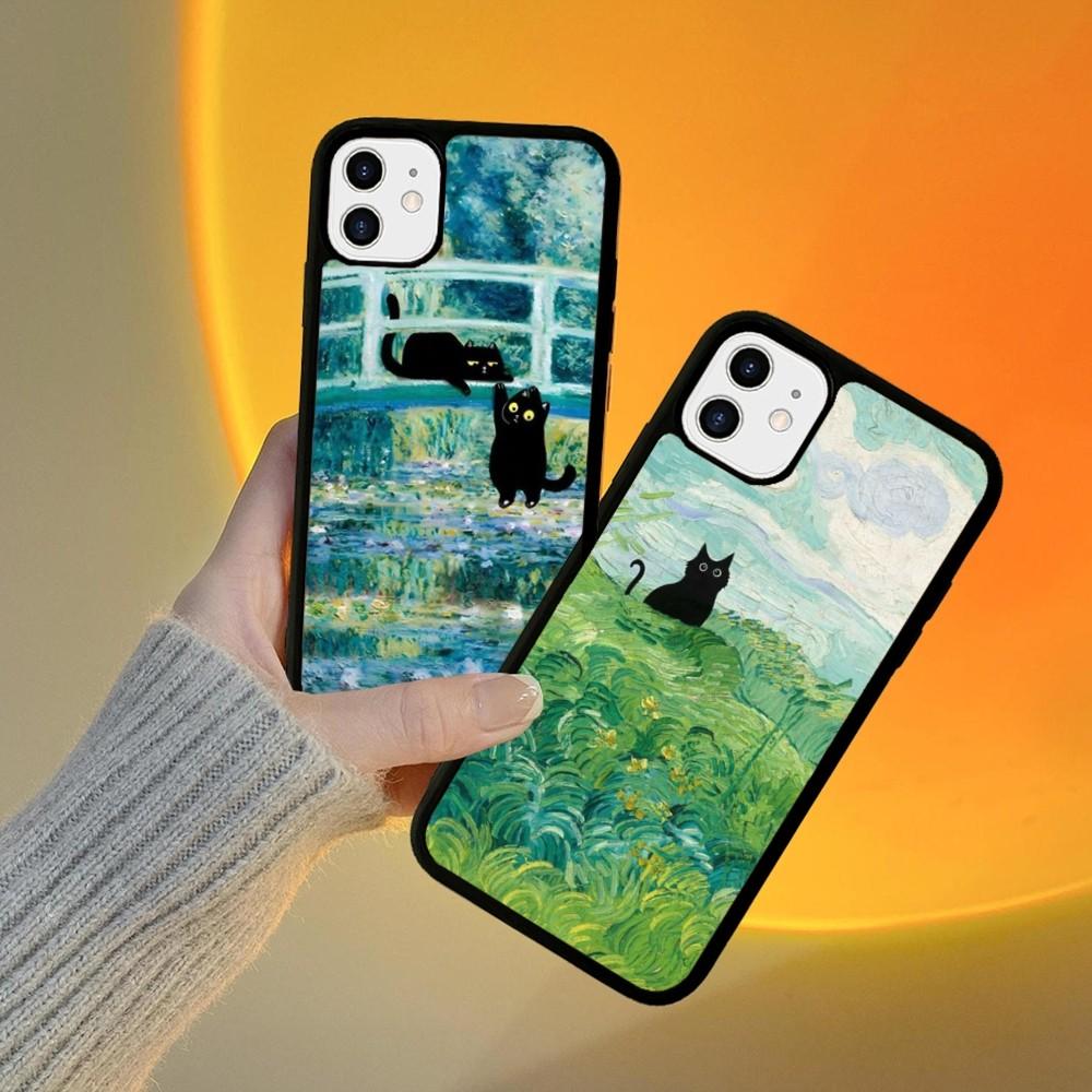 Мультяшный Животный Черный Кот Масляная Живопись Чехол для Телефона Силиконовый PC+TPU Для Для iPhone 11 12 13 14 15 16 Plus Pro Max Чехол