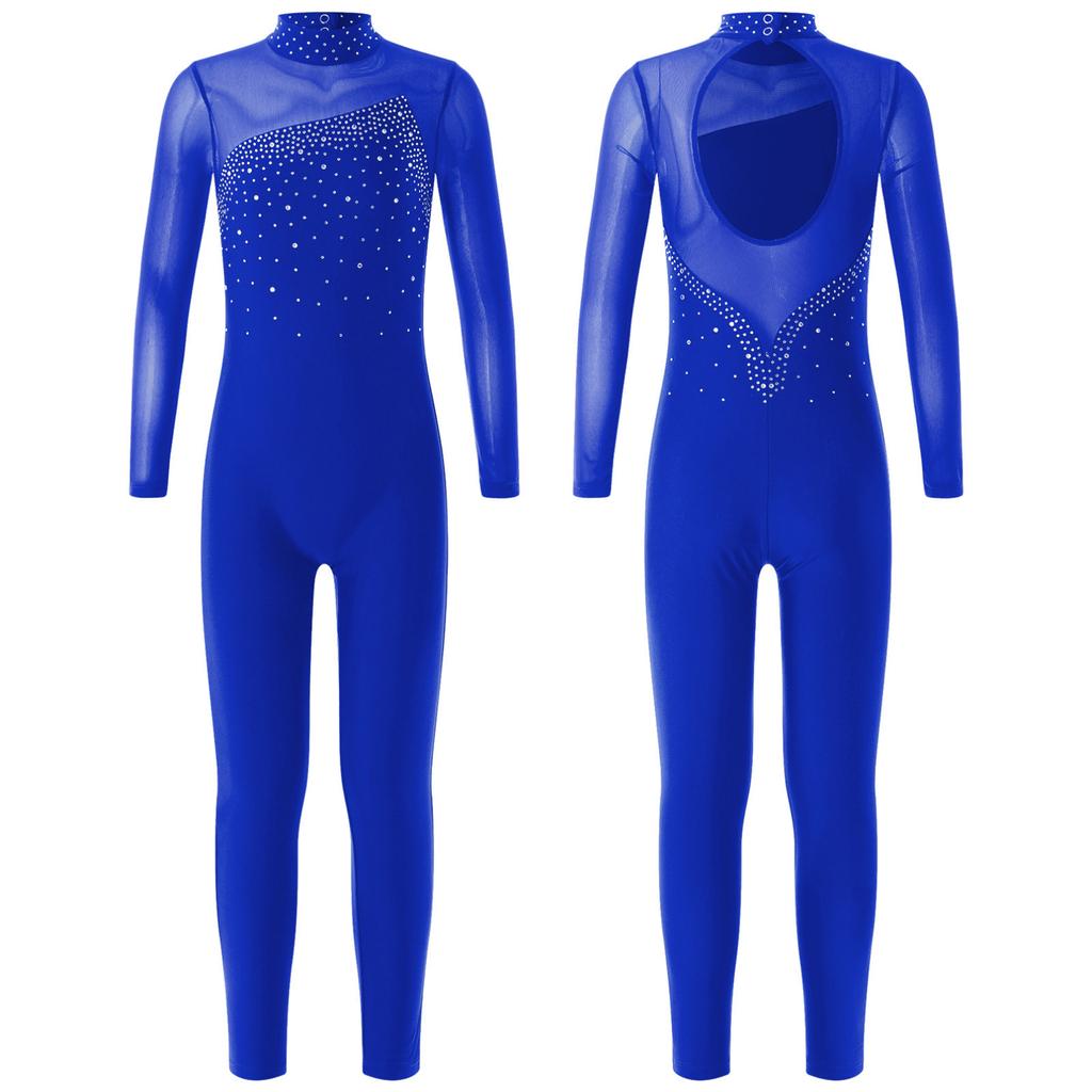 Kids Girls Long Sleeve Shiny Rhinestone Hollow Back Skating Leotard One Piece Gymnastic Jumpsuit