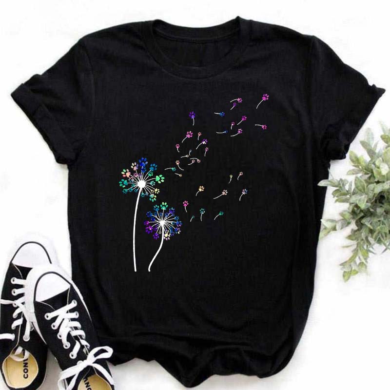 Летняя женская футболка с принтом одуванчика, свободные женские рубашки больших размеров, повседневная футболка с коротким рукавом, топ, черные модные футболки с круглым вырезом