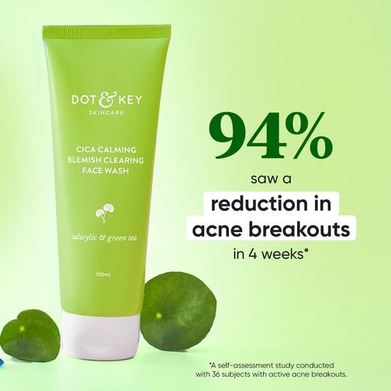 Dot & Key CICA Face Wash для склонной к акне кожи, 2% салициловая кислота для умывания лица с зеленым чаем | Безсульфатный гель для умывания лица для мужчин и женщин | 100 мл