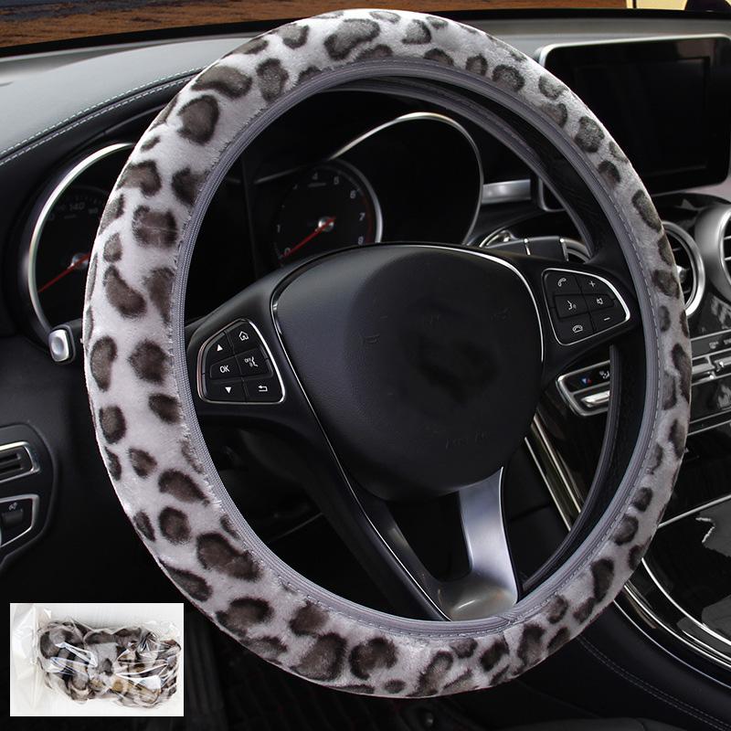 1Pc Auto Fluffy Winter Universal Leopard Print Gray Interior Accessories Car Steering Wheel Cover