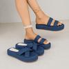Summer Women's Denim Platform Slides,Chunky Wedge Slippers with Cross Strap, Wide Width Comfortable Sandals