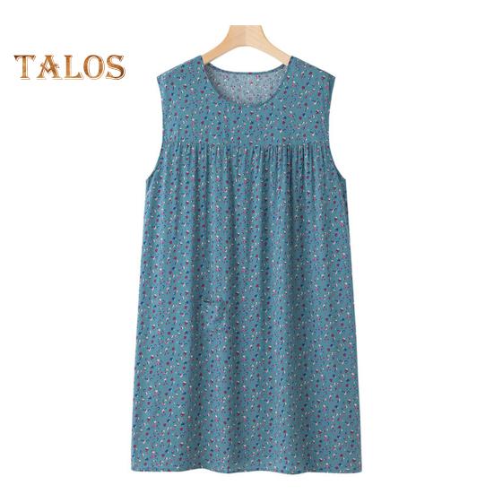 Женская свободная ночная рубашка без рукавов, повседневная сорочка, плиссированное платье для сна, летняя домашняя одежда с круглым вырезом и принтом