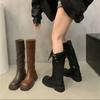 Зимняя обувь 2024, женские высокие сапоги до бедра, модные кожаные длинные рыцарские ботинки с пряжкой, женские ботинки, обувь для девочек на толстой подошве Q420