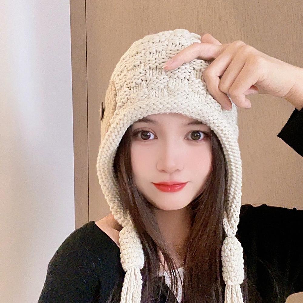 Harajuku Designed Knitted Hat with Long Tassels Button Ear Protection Hat Sweet Pullover Hat  Daily