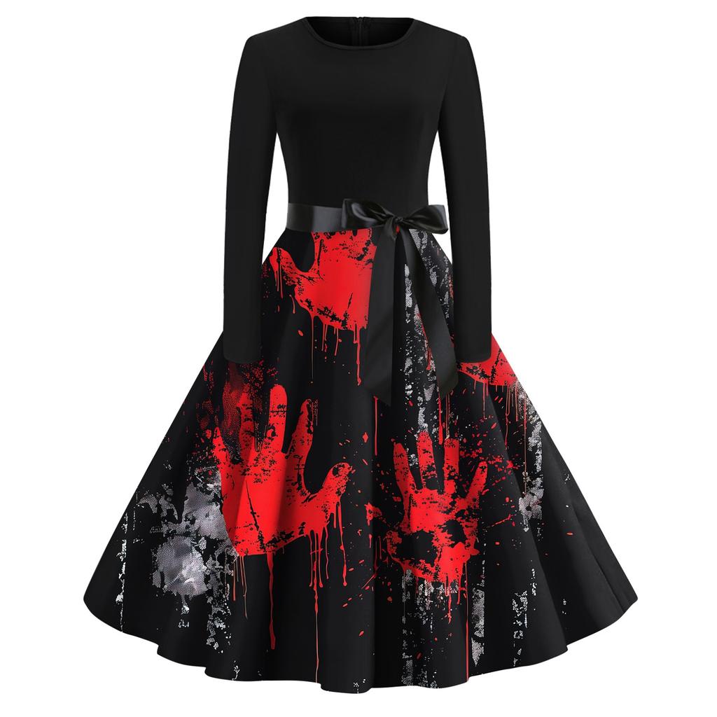 Платье-клеш с принтом на Хэллоуин для женщин с длинным рукавом, повседневные платья с круглым вырезом и ажурной отделкой