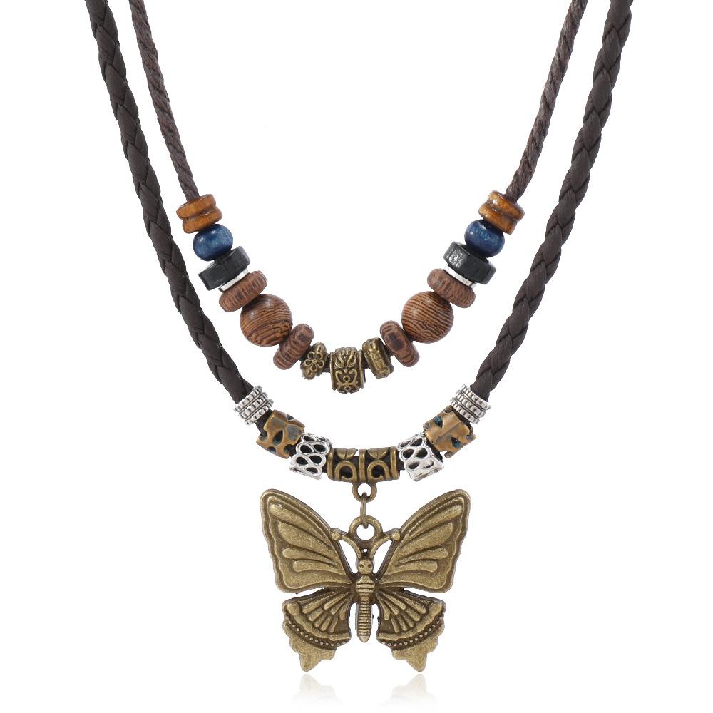 Butterfly-shaped Wooden Beaded Double-layer Necklace, Women's Retro-style Woven Rope Collarbone Chain
