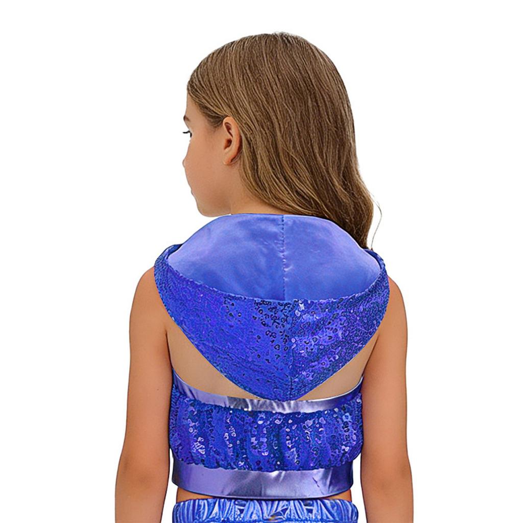 Sleeveless Backless Hooded Crop Top for Girls: Front Zipper Sparkling Sequins Dancewear for Hip-Hop Jazz Performance