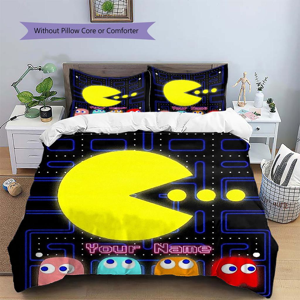 Pac-Man Custom Name Pattern Bedding,Quilt Set Quilt Cover Pillowcase Home Birthday Gift(1 * duvet cover + 2 * pillowcase, without core)
