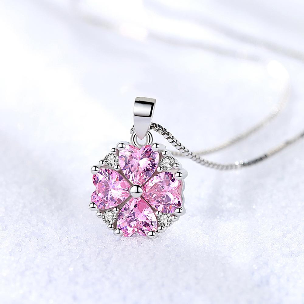 925 Silver Fashion Temperament Zircon Lucky Heart Pink Diamond Zircon Necklace