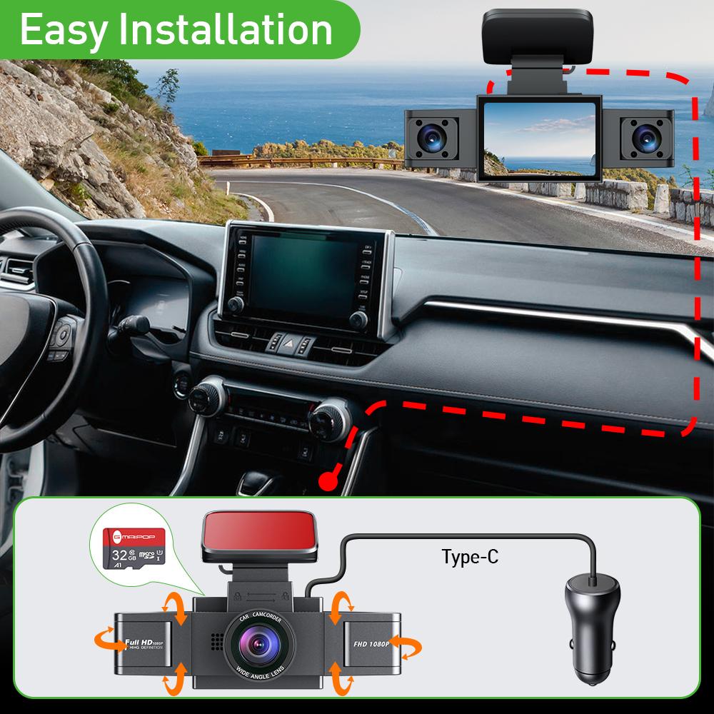 Dashcam 3 Channel Black Box Video Recorder Dash Car Three Lens Car Camera with Rear View DVR 24H Parking Monitor Car Accessories