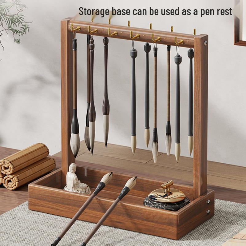 Solid Wood Calligraphy Brush Holder: Desktop Pen Rack with Scholar's Treasures Ornament and Metal Hook Design.
