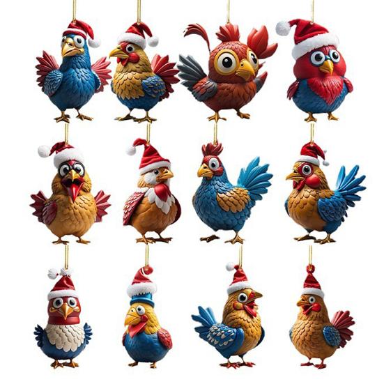 Рождественский цыпленок, мультяшный цыпленок, рождественская елка, подвесное украшение, 2D, плоская акриловая подвеска для окна, двери, рюкзака, автомобиля, декор