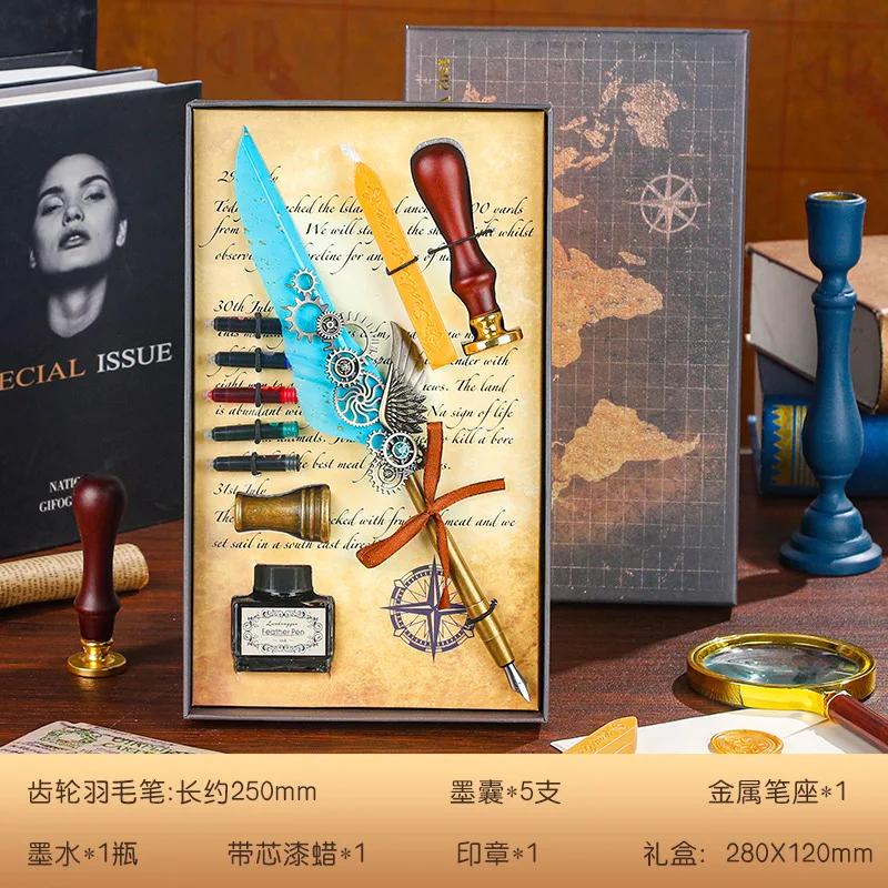 Luxury Fountain Pen Set Vintage Sprinkling Gold Feather Pens Ink Bottle Calligraphy Writing Dip Pen-s Birthday Gift 5 Nib Quill