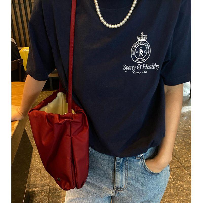 American Street Retro Sports Style Small Crown Logo Pure Cotton Casual Round Neck Shoulder Short Sleeve T-shirt for Women