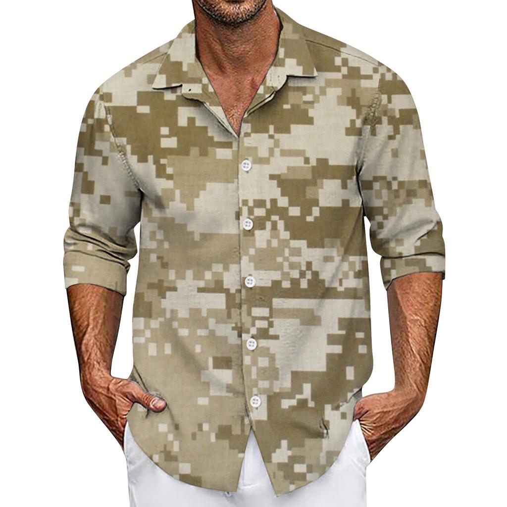 Men's Summer New Loose Print Long Sleeve Shirt Cardigan Beach Shirt