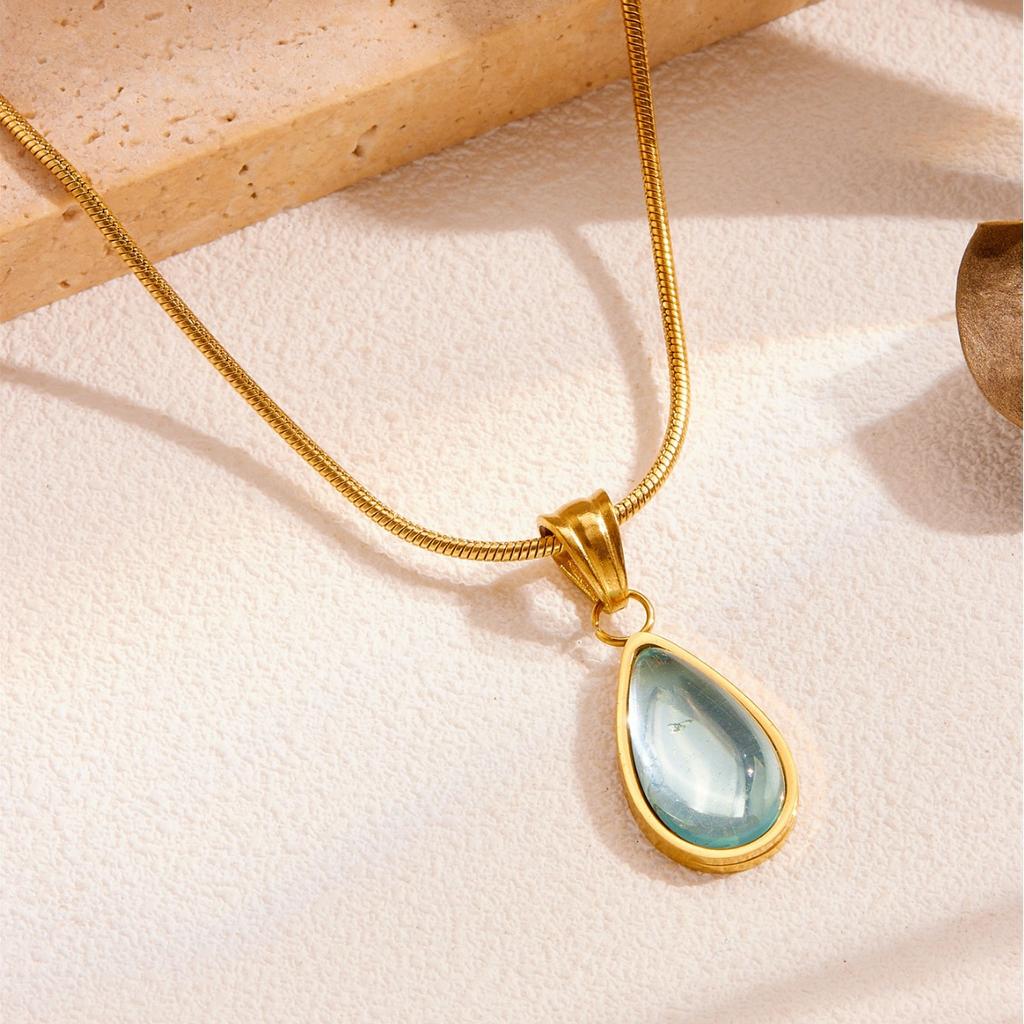 French Light Luxury Clear Green Water Drop Blue Ocean Necklace Vintage Mermaid Tears Collarbone Chain Pendant Necklace Wholesale