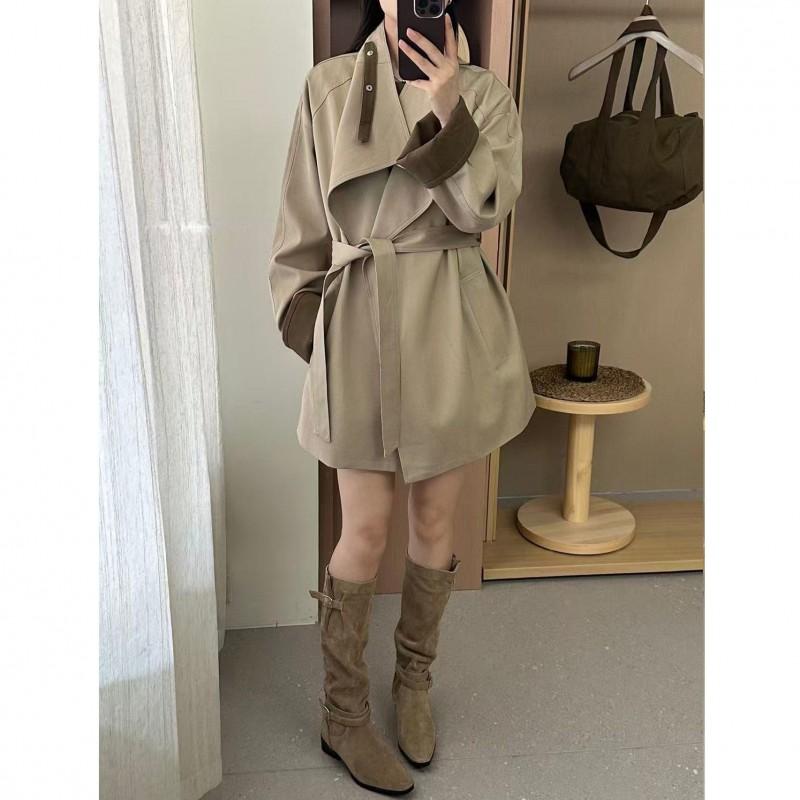 Womens Mid-Length Trench Coat Loose Fit Slimming British Style Contrast Color Tie Belt Fall Outerwear