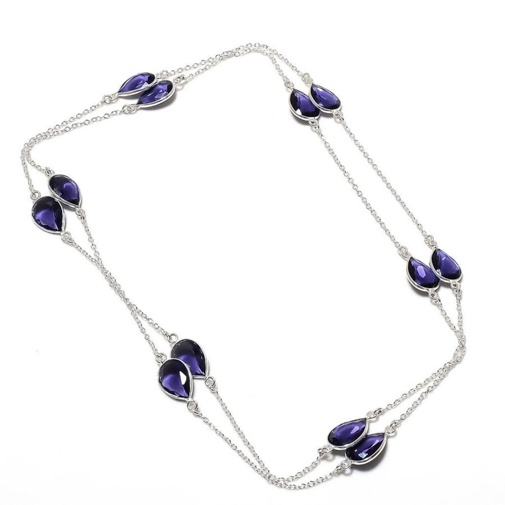 Lab Created African Amethyst Necklace 36" Chain Pear Cut Gemstone Jewelry Gifts