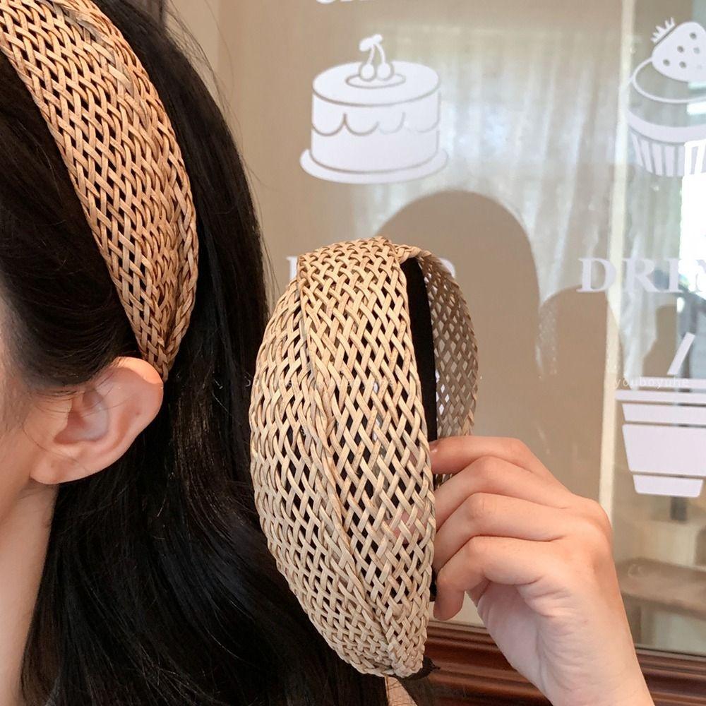 Hair Band Wide Edge Hairband Hollow Bohemian Style Hair Hoop Sweet Straw Weave Headband Women