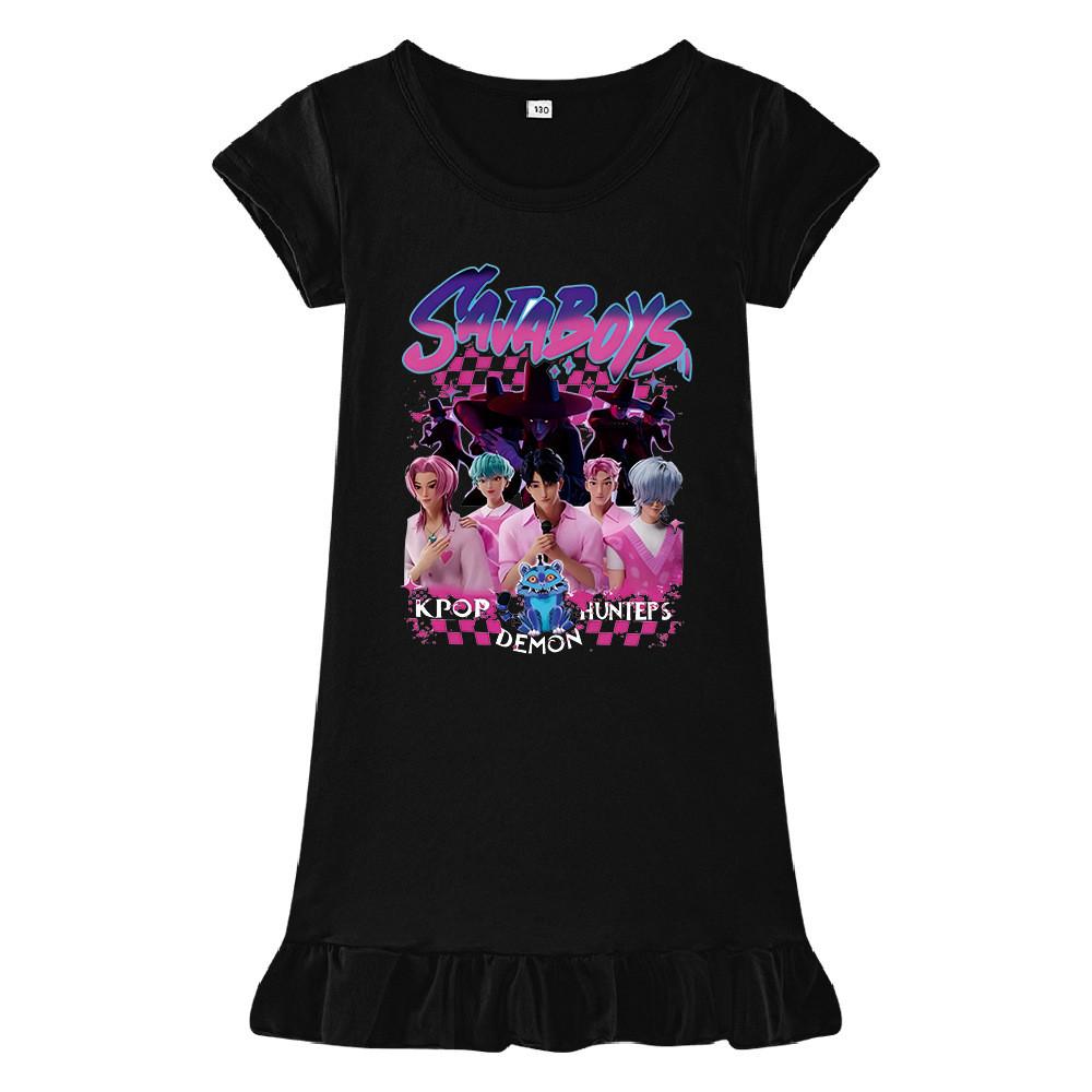 M1229 Kids Girls Sajaboys Kpop Rumi Zoey Mira Print Short Sleeves Ruffle Dress