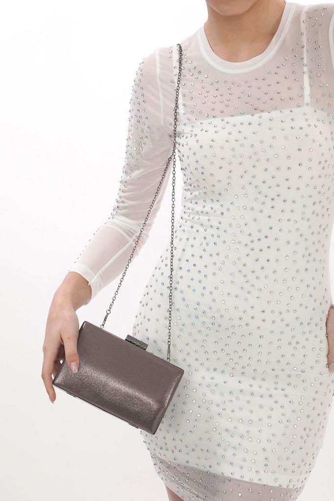 Women's Stylish and Useful Evening Dress Bag Silver Color Plaster Patterned Evening Dress Portfolio Clutch Women's Bag Handheld and Long Strap Usage