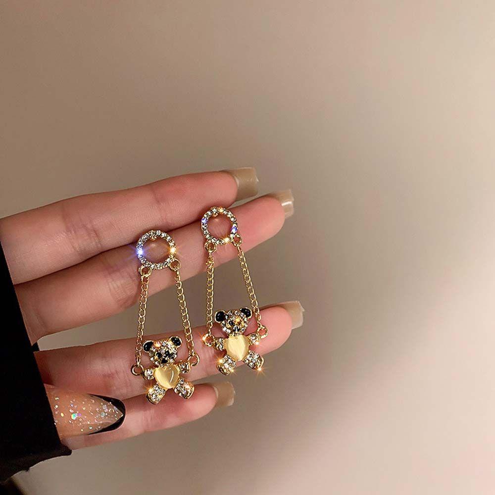 Silver Needle Rhinestone  Round Korean Style Bear Dangle Earrings Women Earrings Ear Studs