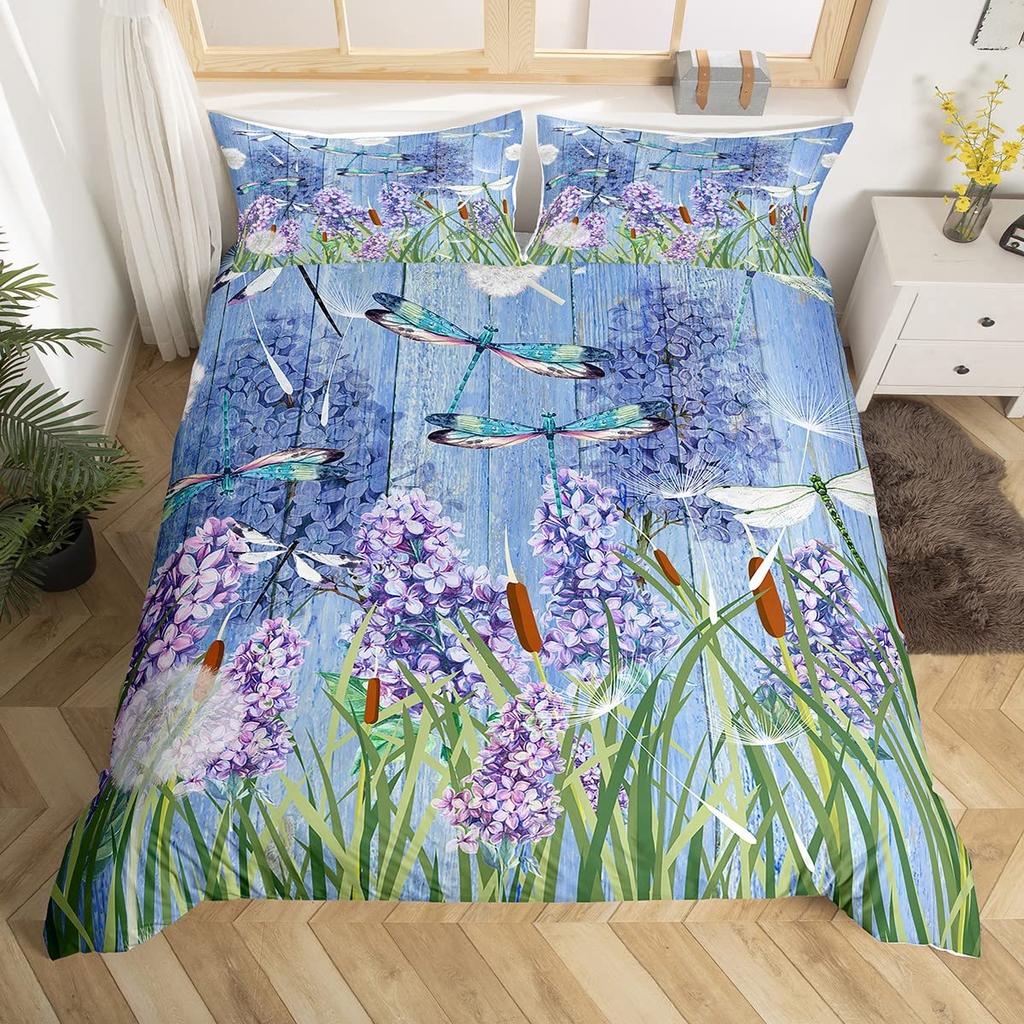 Dragonfly Duvet Cover Queen Botanical Floral Comforter Cover Vintage Style Sunflower Bedding Set Natural Pastoral Spring Decor