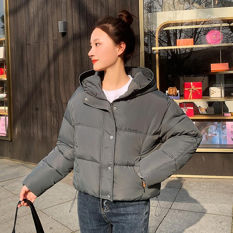 Женские осенне-зимние однотонные с капюшоном длинные рукава на молнии, свободные универсальные теплые хлопковые короткие куртки-пальто