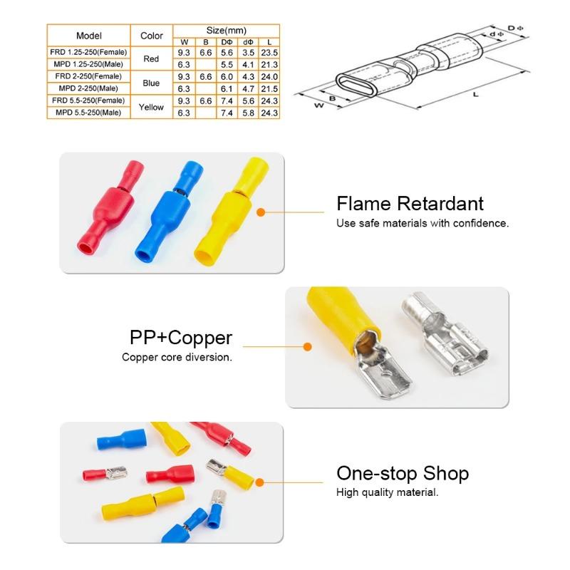 Spade Crimp Terminals Electrical Wire Connectors Insulated Male and Female For Quick Connection Cables Splice Plugs