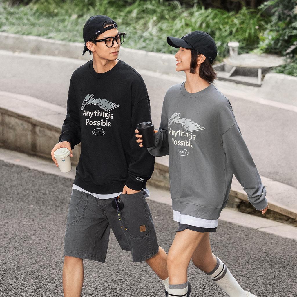 Li Ning Sports Lifestyle Series Printed Letter Crew Neck Удобная дышащая толстовка унисекс толстовка черного цвета AWDUE93-1