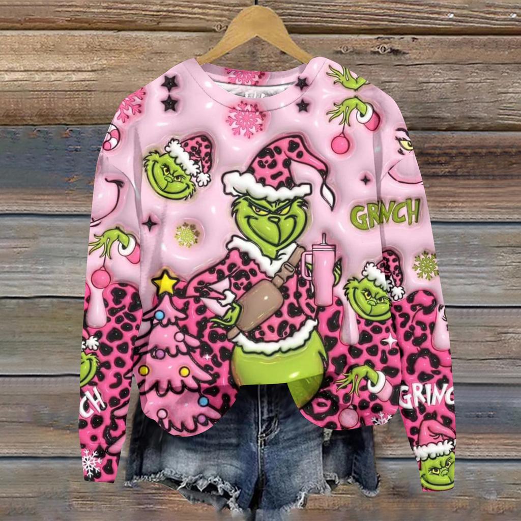 Ladies' Christmas Greentown Print Casual Long Sleeved Round Neck Sports Hoodie Top