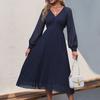 Women's Fashion Spring Fall Solid Color Print Long Sleeve V-Neck Casual Dresses