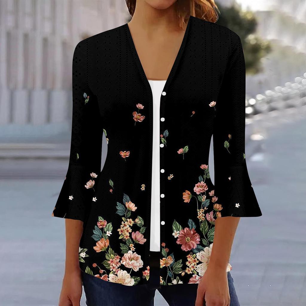 Women's Fashion Loose Casual Printed Three-quarter Sleeve Button Shirt Cardigan Top