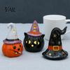 Cute Halloween Room Decoration Ceramic Tealight Holder, Lighted Ghost Pumpkin Figurine with Indoor Party Atmosphere Lamp Witch Hat, Tiered Tray