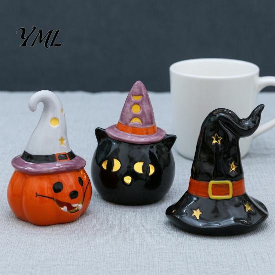 Cute Halloween Room Decoration Ceramic Tealight Holder, Lighted Ghost Pumpkin Figurine with Indoor Party Atmosphere Lamp Witch Hat, Tiered Tray