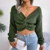Women Fall Winter Solid Color Long Sleeve Knotted Crop Knit Sweater S-L