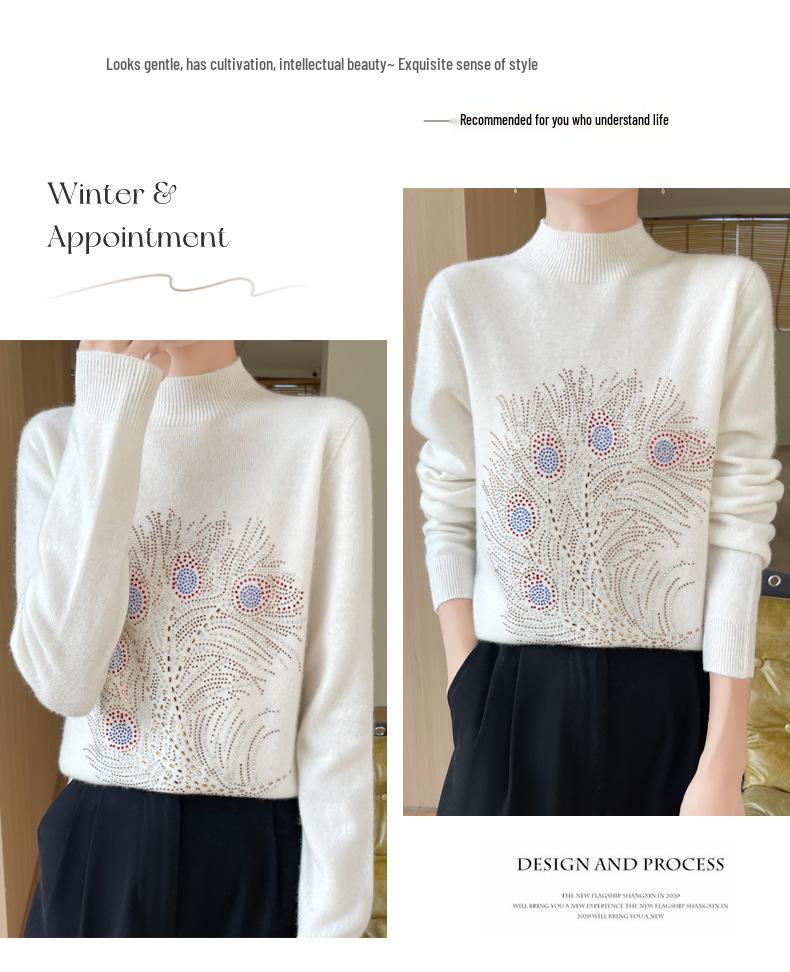 Peacock Tail Rhinestone Half-High Neck Knitwear for Women, Versatile Slim-Fit Autumn/Winter Sweater Top