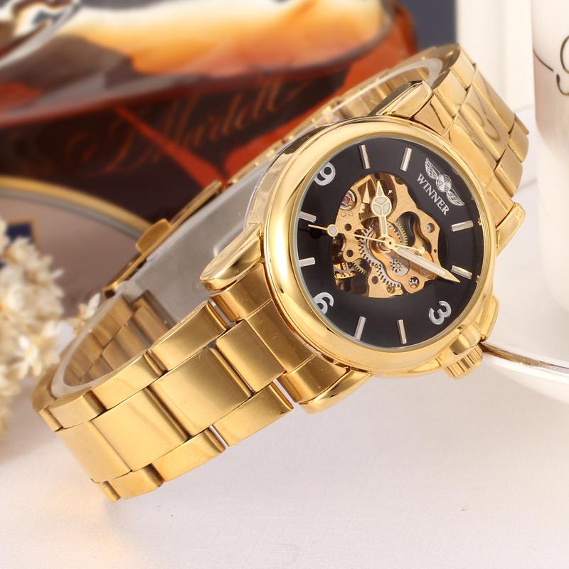 WINNER New Women Luxury Top Brand Automatic Mechanical Watch Golden Skeleton Love Stainless Steel Fashion Ladies Wrist Watch
