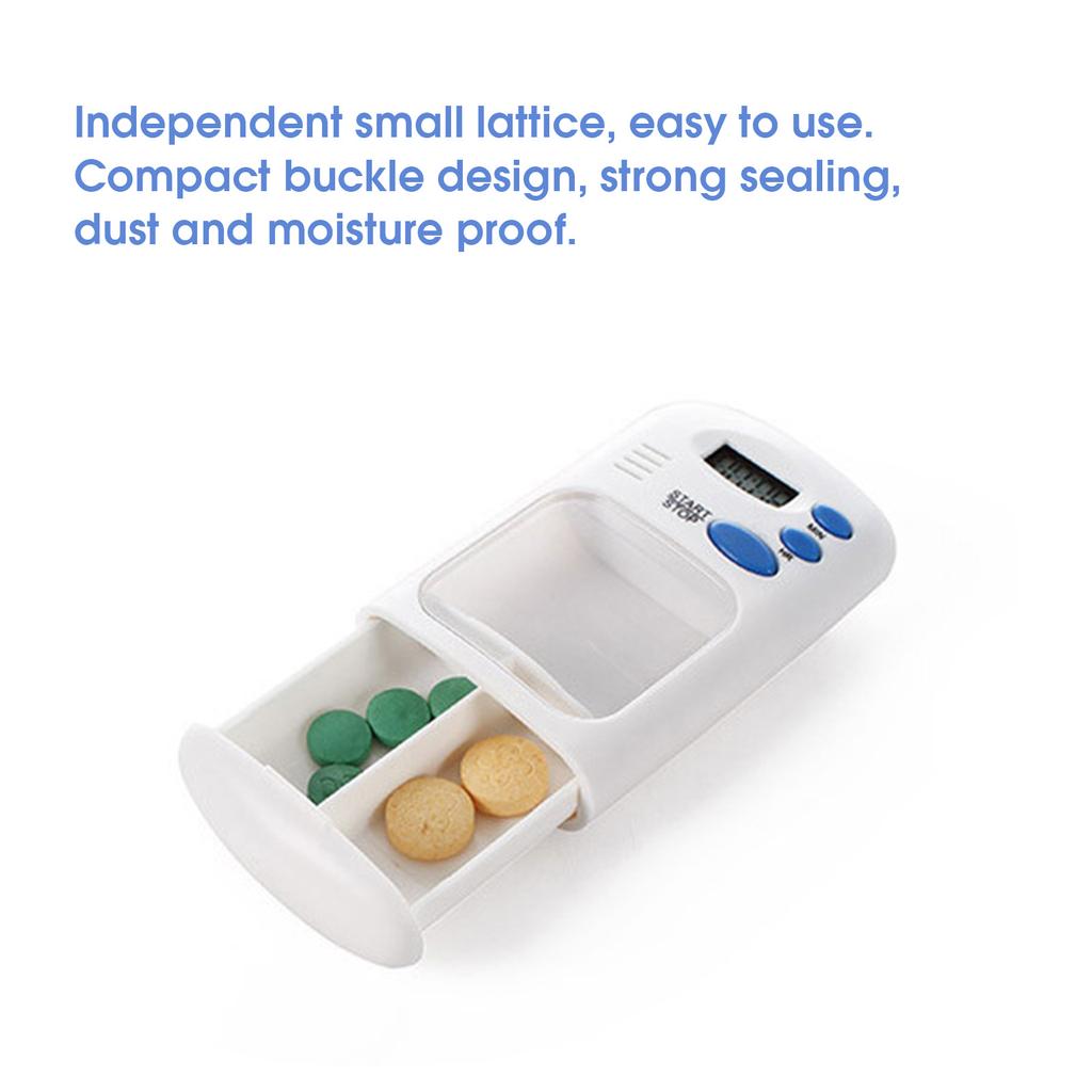Portable Mini Pill Box Timer with LCD Digital Electric Alarm Medicine Pill Case 2 Grids White Color Two Drawers Divided
