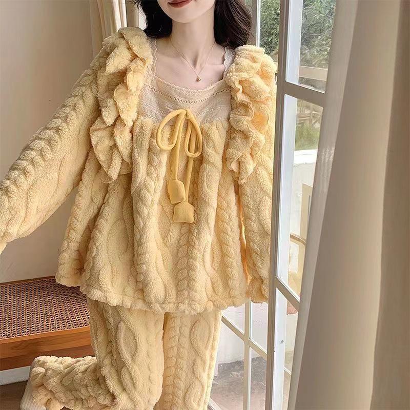 Женский зимний фланелевый пижамный комплект - Милый флис, Теплый, Дизайн с цветочным кружевом