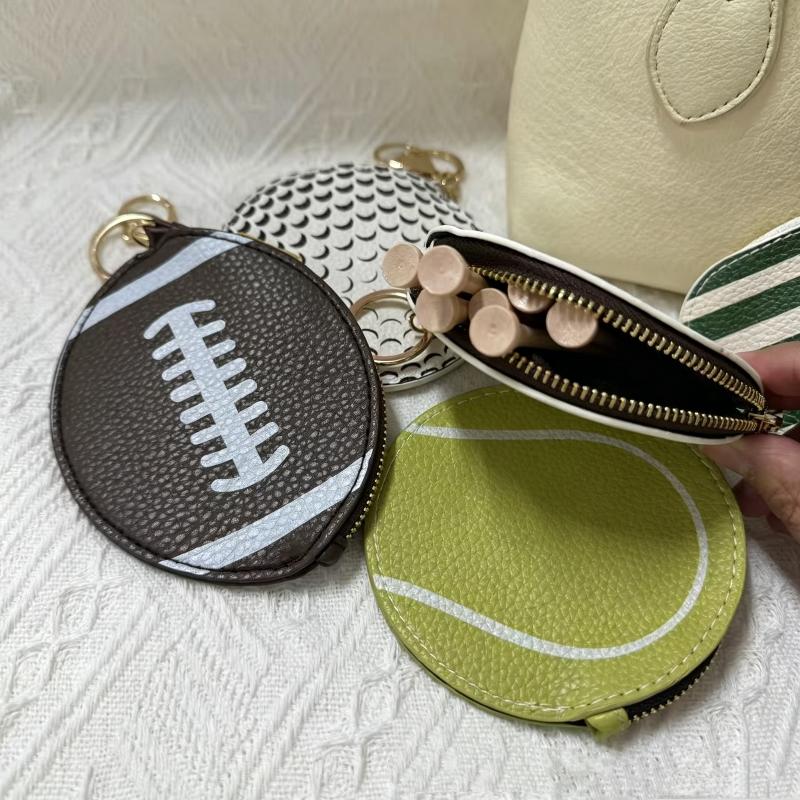 Sport Themed Mini Coin Purse Ball Shaped PU Leather Keychain for Athletes Gym Essentials