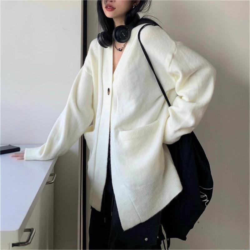 Кардиган вязаный с V-образным вырезом, мягкий и теплый, для женского осенне-зимнего сезона, новый темпераментный, свободный и стройнящий, куртка-свитер для женщин
