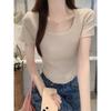 Dopamine Whitening Slim Right Shoulder Square Collar Short-sleeved Pure Desire T-shirt Summer Curved Hem Bm Short Crop Top