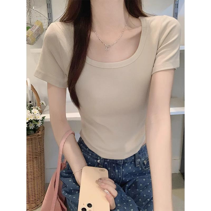 Dopamine Whitening Slim Right Shoulder Square Collar Short-sleeved Pure Desire T-shirt Summer Curved Hem Bm Short Crop Top