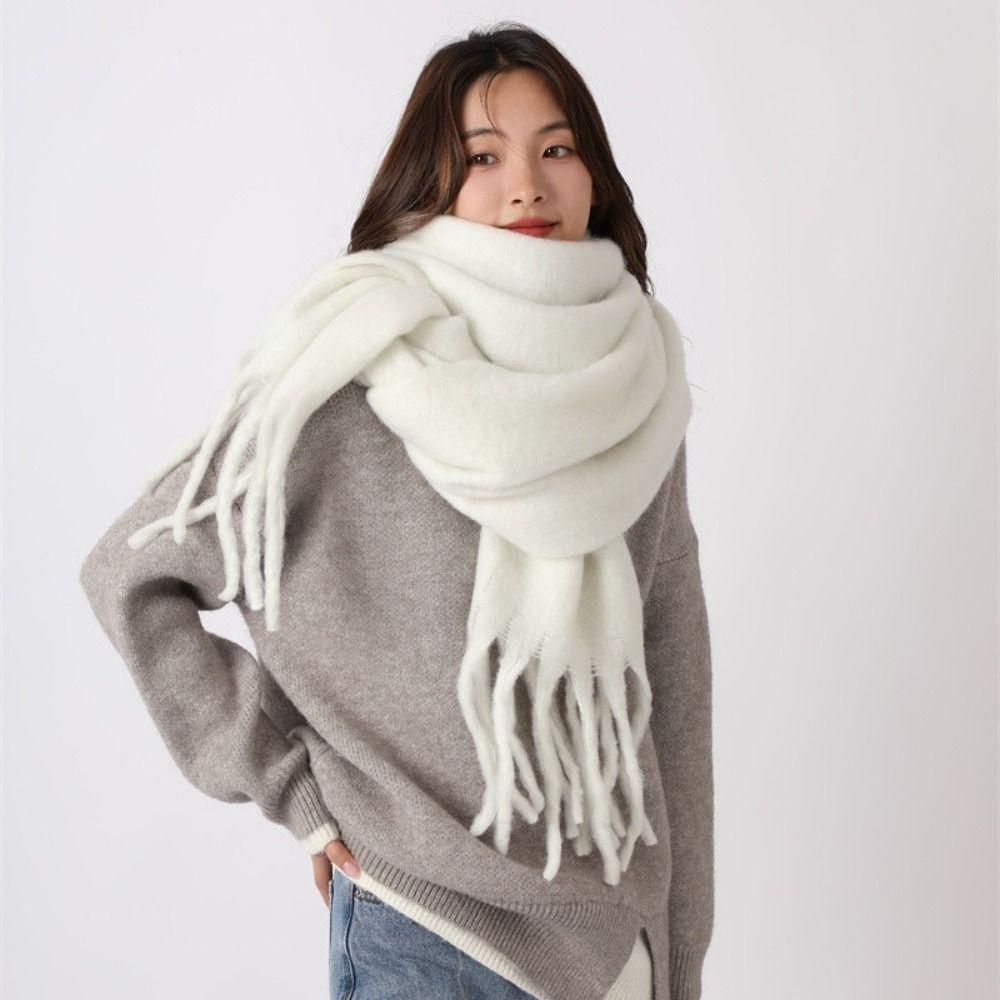 Retro Mohair Plaid Wool Scarf Tassel Thicken Winter Cashmere Scarves Solid Color Plush Long Shawl Student